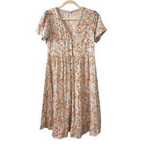 Sonoma Small Button Front Floral V-Neck Orange Yellow Blue Short Sleeve Dress